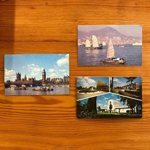 Vintage postcards: Hong Kong, London, Puerto Rico